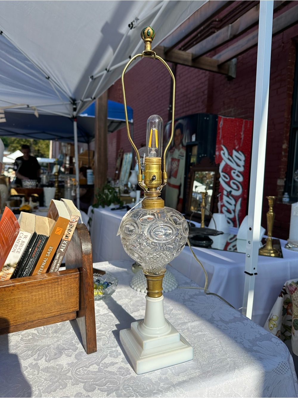 Vintage Pressed Glass/Crystal Globe Table Lamp with White Base and Green Finial